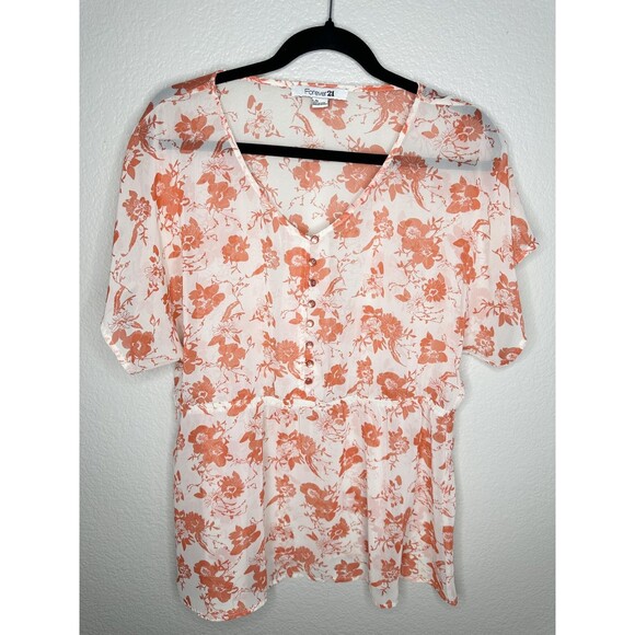 FOREVER 21 Tops - Forever 21 Shirt Womens Large Orange Floral Button Front Peplum Short Sleeve